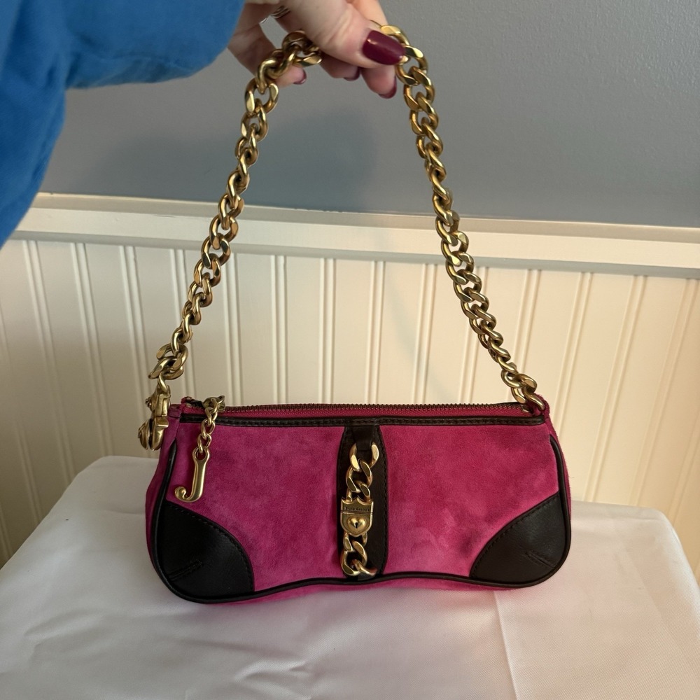 Vintage Juicy Couture Pink Suede Gold Chain Mini Shoulder Bag Purse Y2K